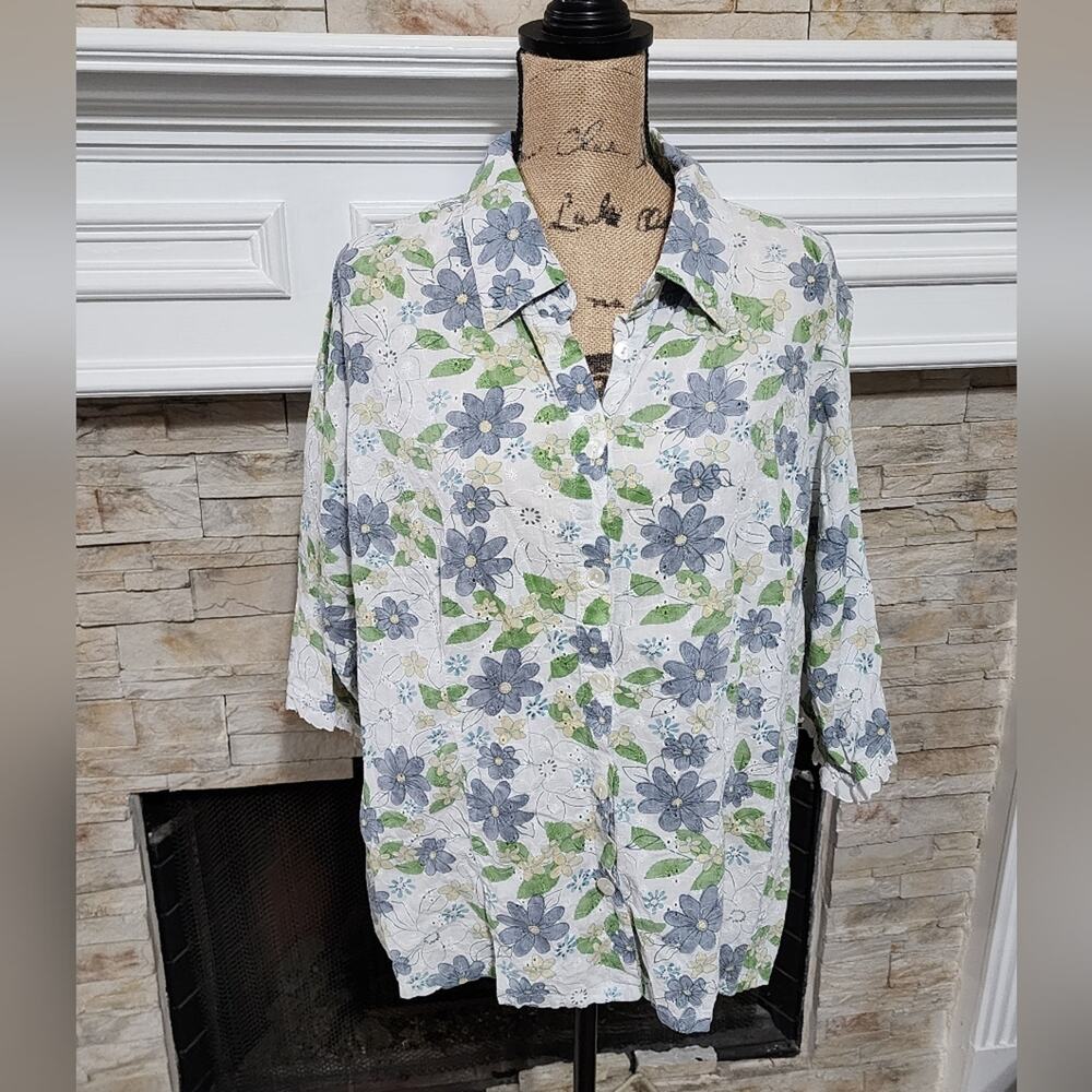 Serengeti vintage‎ romantic eyelet floral lace trimmed button down shirt plus 2X